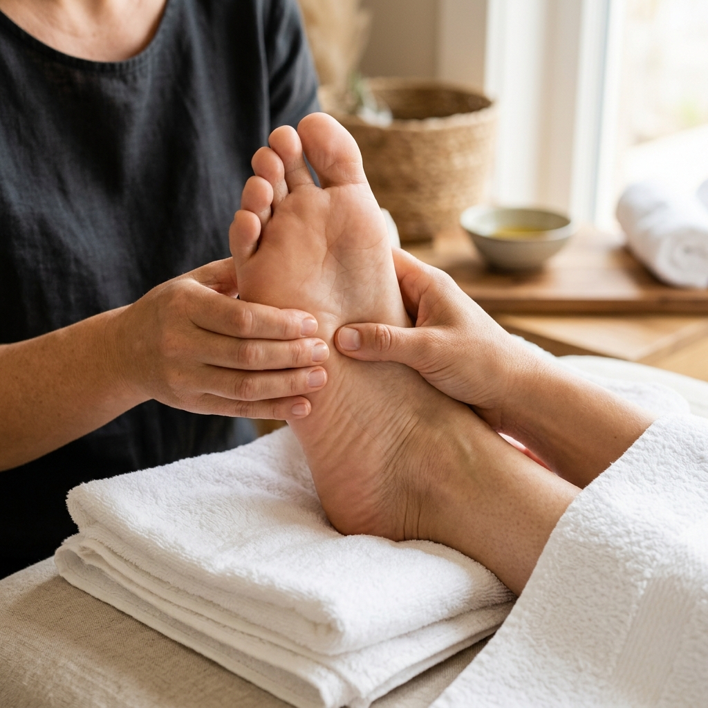 Sesi massage refleksi kaki oleh terapis profesional Singgasana Massage